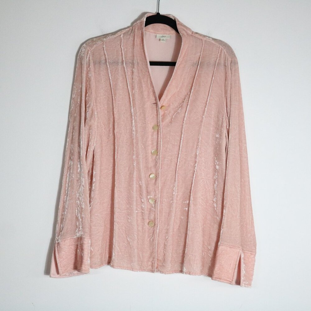 J Jill Crushed Velvet Silk Button Down Blouse Women Medium Blush Pink Boho Fairy